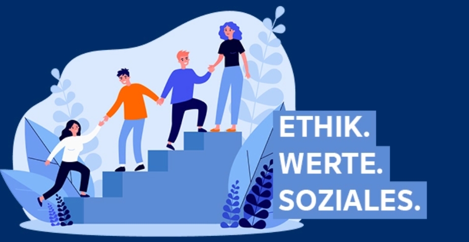 Menschen auf einer Treppe mit den Worten "Ethik, Werte, Soziales"