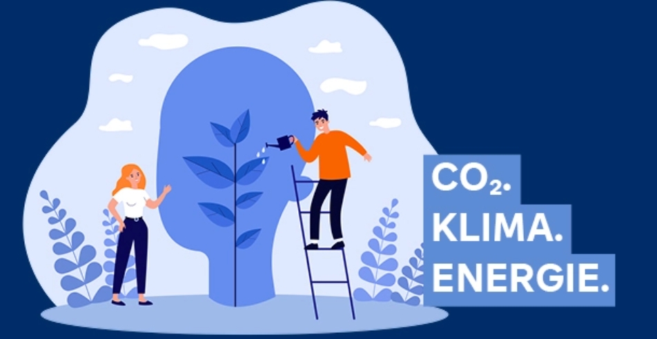 Zwei Menschen an einem Baum mit den Worten "Co2, Klima und Energie"
